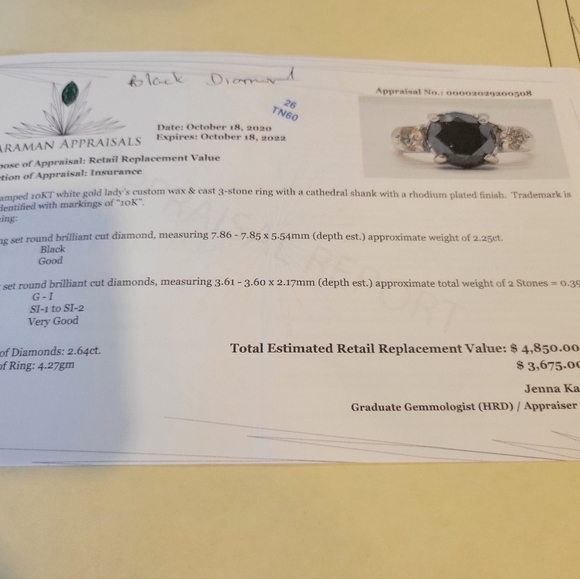 10ct Gold Black Diamond 2.25ct + 2 Brilliant Side Clear Diamonds With Apprasial - Picture 4 of 13